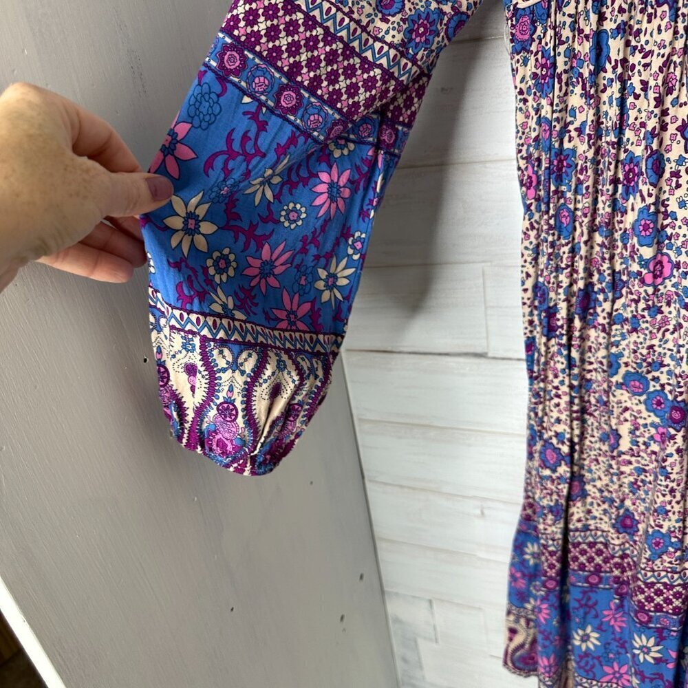 Womens Long Sleeve Floral Print Retro V Neck Tassel Midi Dress Size Medium 8/10 - Picture 3 of 7